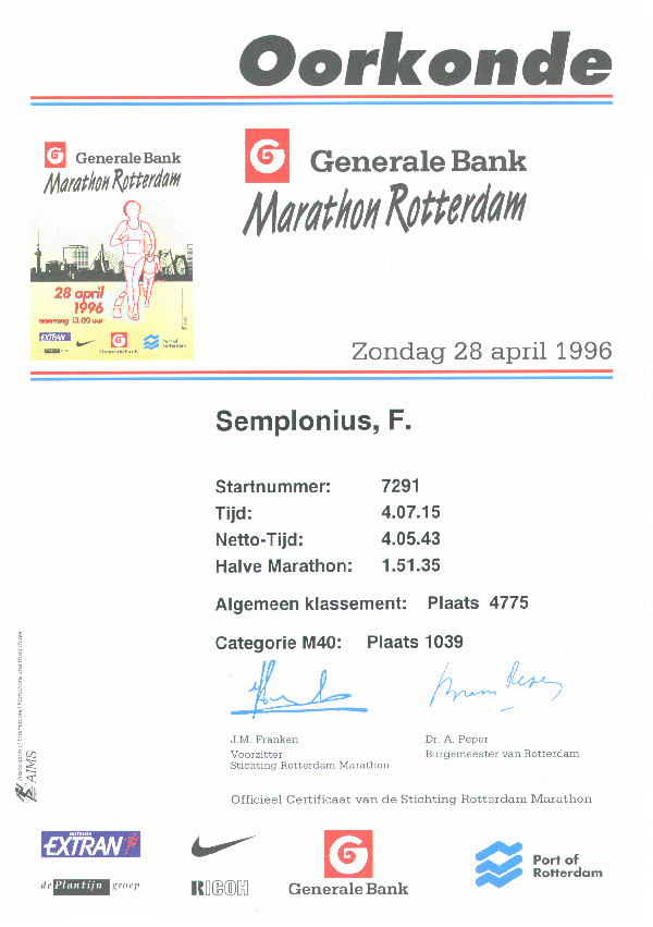 Oorkonde Rotterdam Marathon